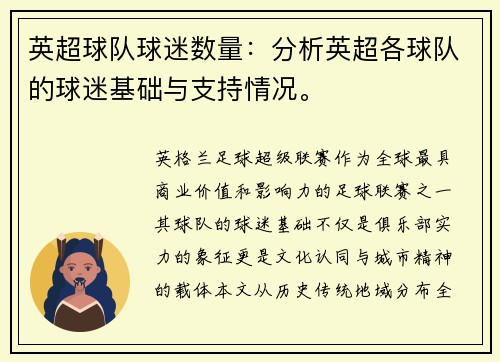 英超球队球迷数量：分析英超各球队的球迷基础与支持情况。